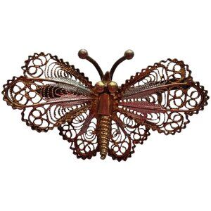 Vintage Filligree Butterfly Brooch with Metallic Blue and Metallic Pink on Wings